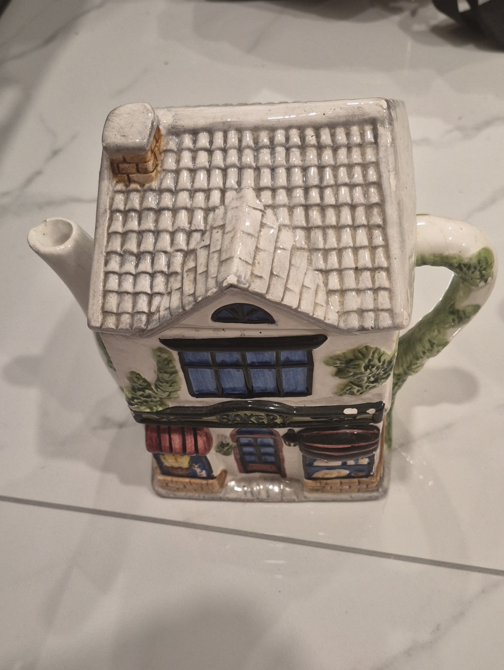 Ceramic Cottage Teapot in White with Blue Accents